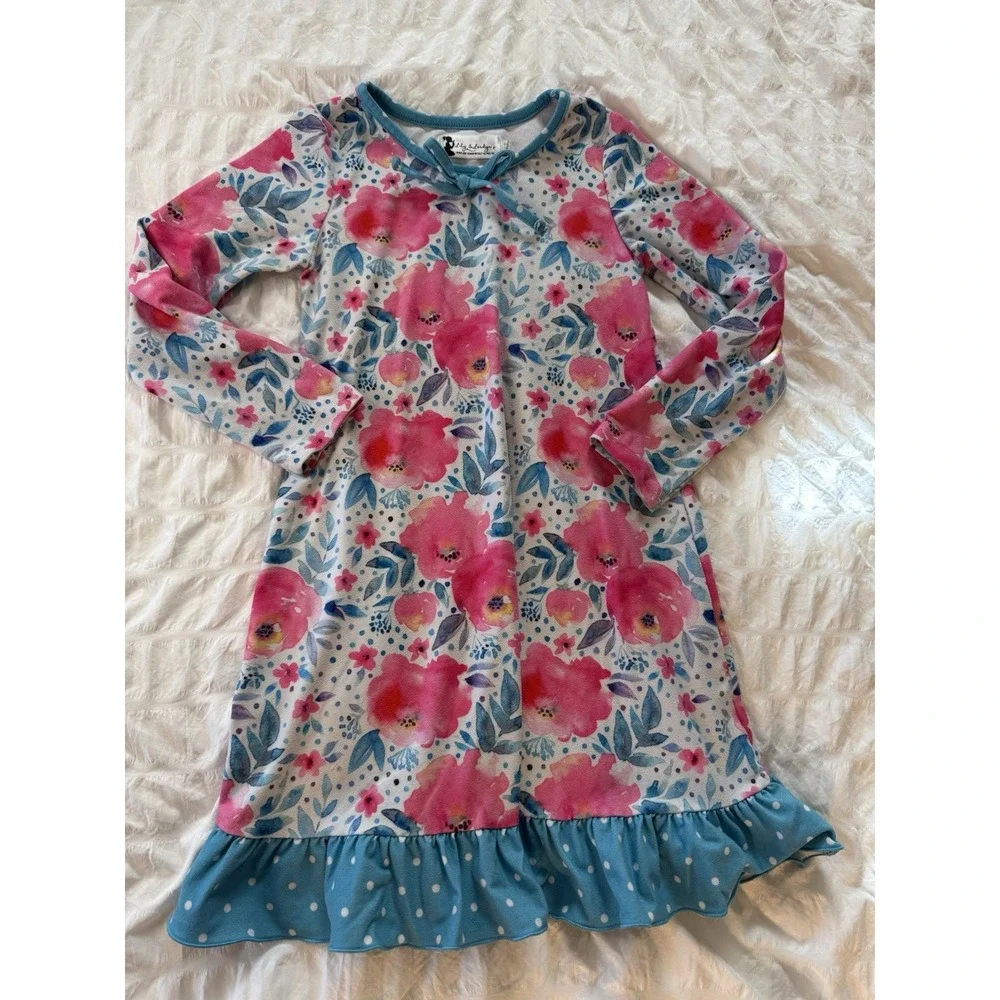Lily And London Nightgown 4T Pink Blue Floral Polka Dot Ruffles Pajamas PJ Gown